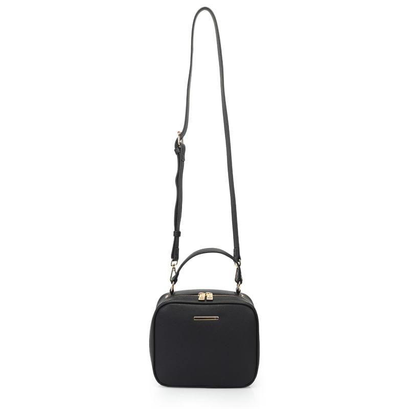 Bolsa casual feminina preta WJ 46209 em material sintético, vista frontal com alça longa ajustável e alça curta para mão.